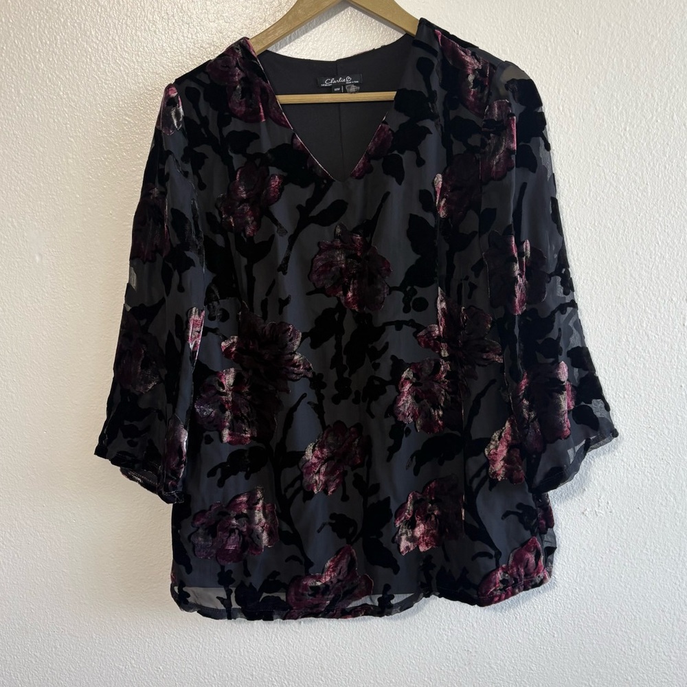 Charlie B Size Medium Black Purple Floral Velvet Burnout Top Whimsigoth Fairy